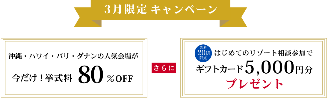 3月限定キャンペーン 沖縄・ハワイ・バリ・ダナンの人気会場が今だけ！挙式料80%OFF さらに 先着20組限定 はじめてのリゾート相談参加でギフトカード5,000円分プレゼント